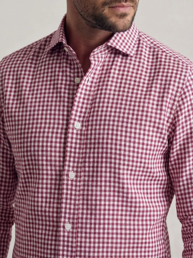 Chemise en lin à carreaux  rouge bordeaux